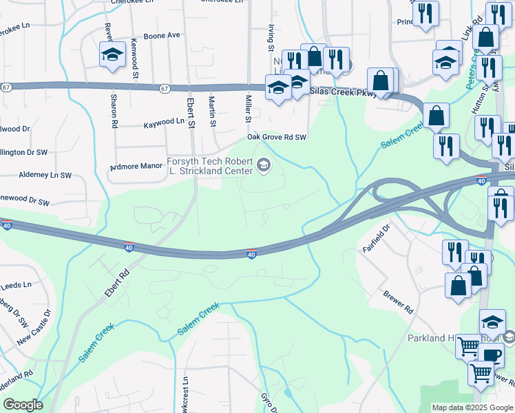 map of restaurants, bars, coffee shops, grocery stores, and more near 155 Weatherwood Court in Winston-Salem