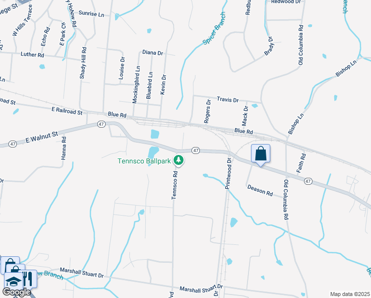 map of restaurants, bars, coffee shops, grocery stores, and more near 1517 Tennessee 47 in Dickson