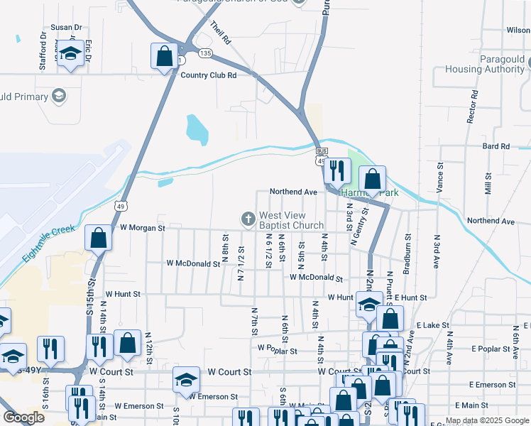 map of restaurants, bars, coffee shops, grocery stores, and more near 712 North 6 1/2 Street in Paragould