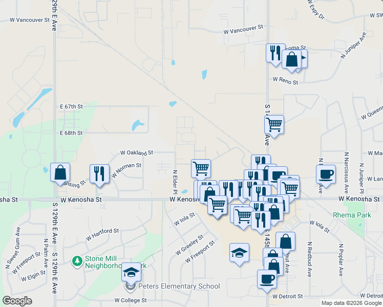 map of restaurants, bars, coffee shops, grocery stores, and more near 2602 West Oakland Place in Broken Arrow