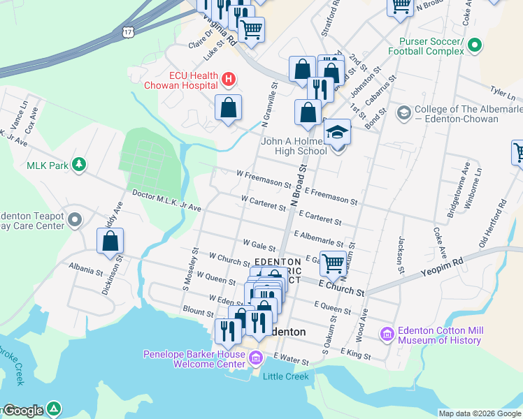 map of restaurants, bars, coffee shops, grocery stores, and more near 123 West Carteret Street in Edenton