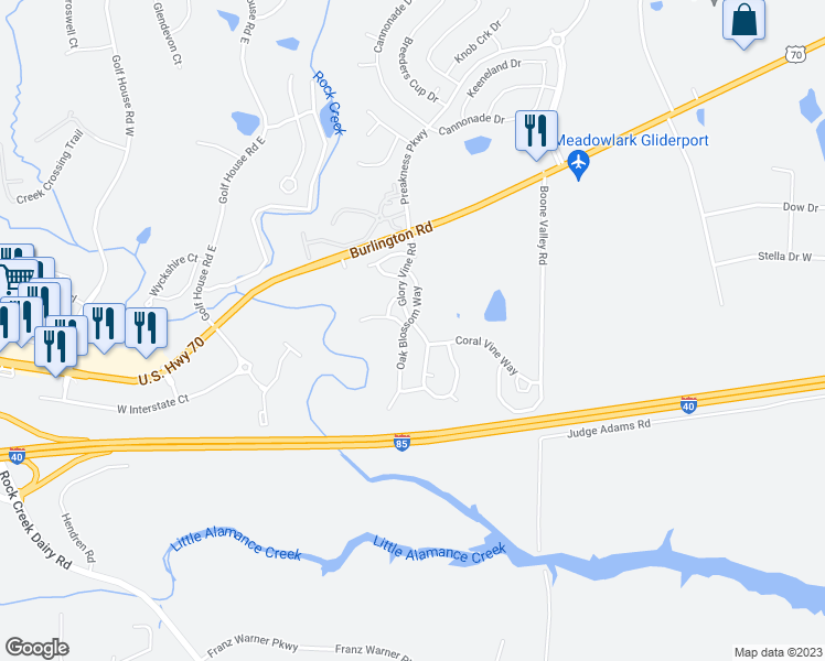 map of restaurants, bars, coffee shops, grocery stores, and more near 1104 Glory Vine Road in Whitsett