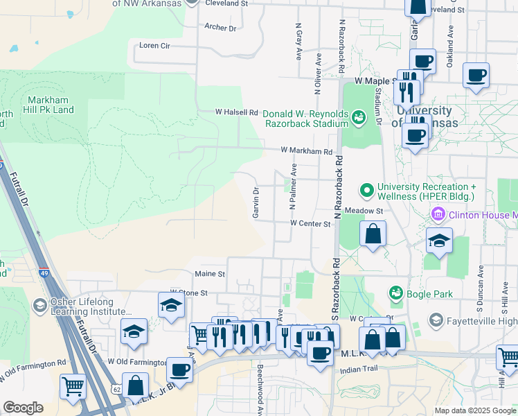 map of restaurants, bars, coffee shops, grocery stores, and more near 102 Garvin Drive in Fayetteville