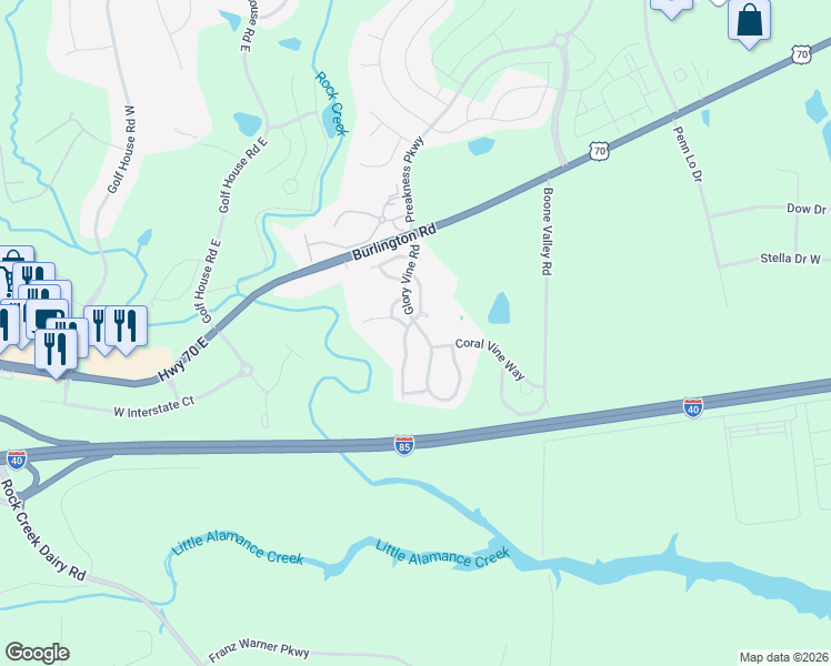 map of restaurants, bars, coffee shops, grocery stores, and more near 1104 Glory Vine Road in Whitsett