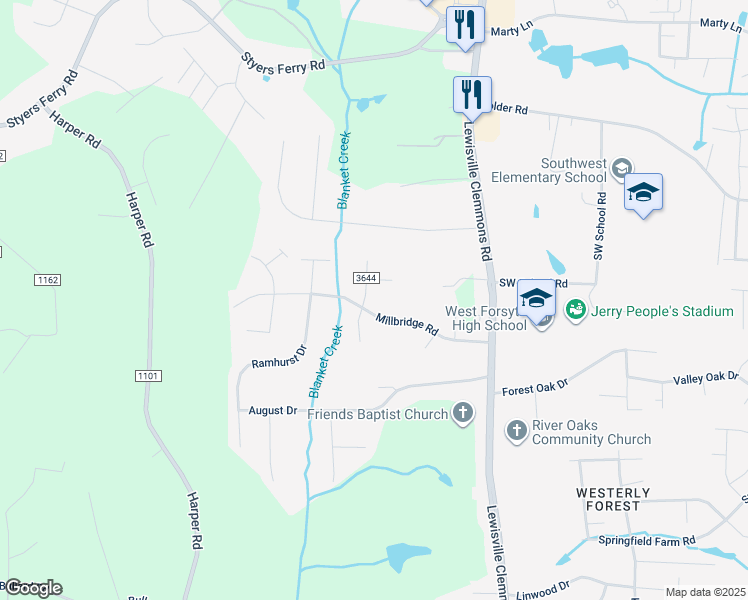 map of restaurants, bars, coffee shops, grocery stores, and more near 1717 Valley Brook Road in Clemmons
