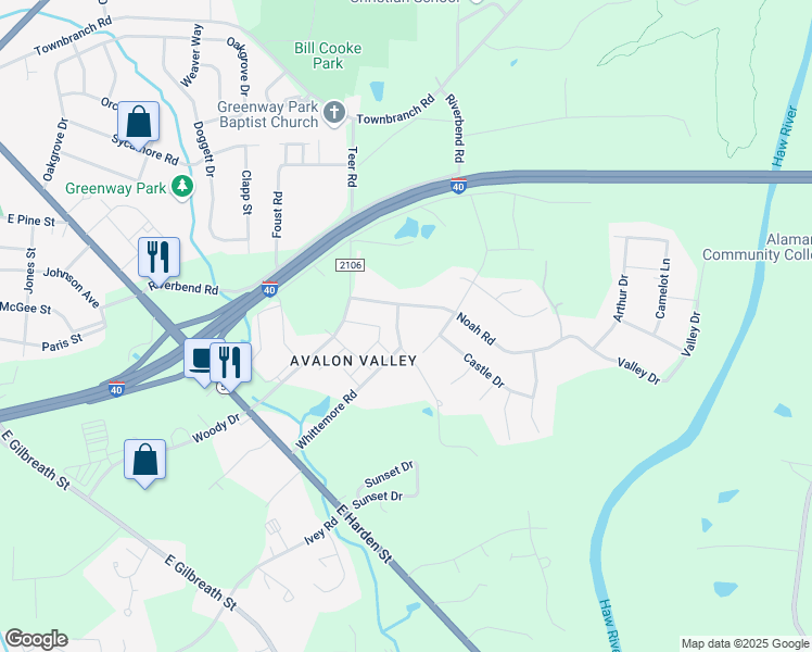 map of restaurants, bars, coffee shops, grocery stores, and more near 1037 Noah Road in Graham