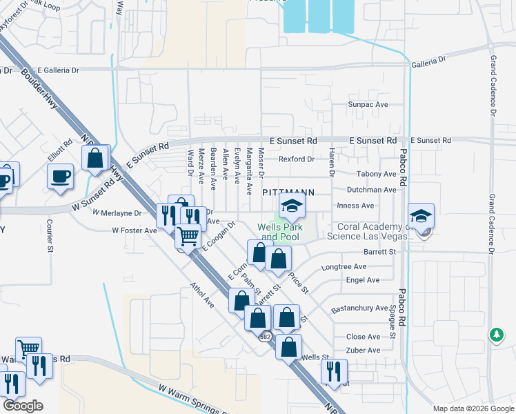 map of restaurants, bars, coffee shops, grocery stores, and more near 1821 Margarita Avenue in Henderson