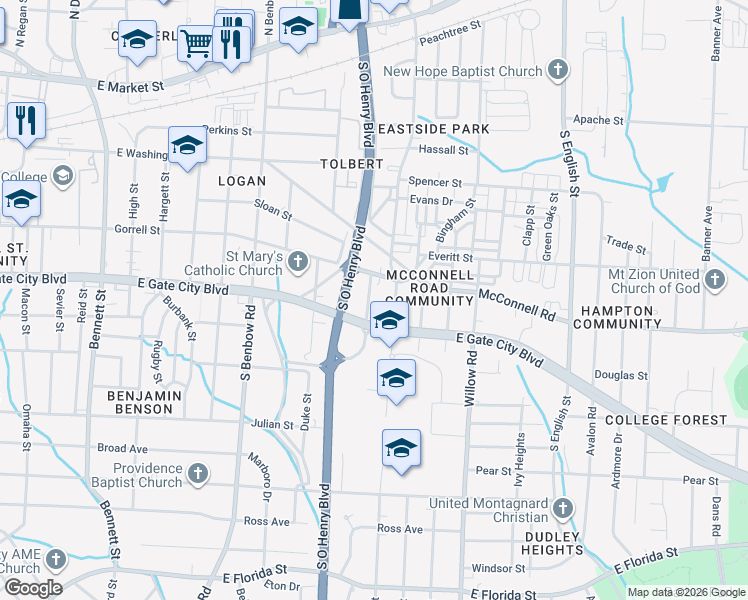 map of restaurants, bars, coffee shops, grocery stores, and more near 1532 Gorrell Street in Greensboro