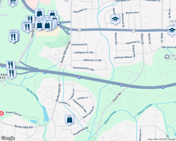 map of restaurants, bars, coffee shops, grocery stores, and more near 1857 Stonewood Drive Southwest in Winston-Salem