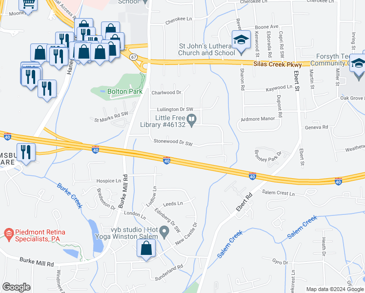 map of restaurants, bars, coffee shops, grocery stores, and more near 1861 Stonewood Drive Southwest in Winston-Salem