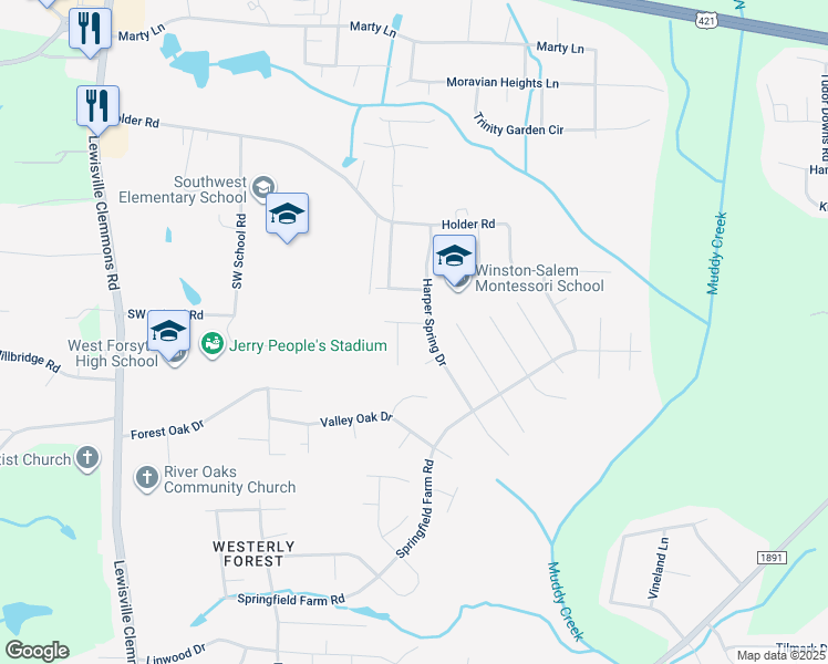 map of restaurants, bars, coffee shops, grocery stores, and more near 6210 Spring Park Road in Clemmons