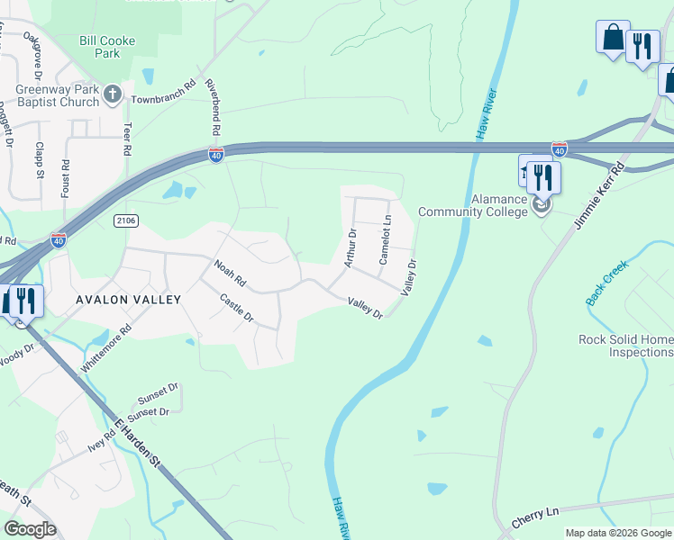 map of restaurants, bars, coffee shops, grocery stores, and more near 1109 Arthur Drive in Graham