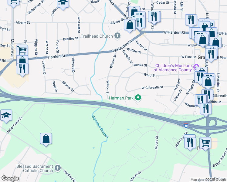 map of restaurants, bars, coffee shops, grocery stores, and more near 721 Banks Street in Graham
