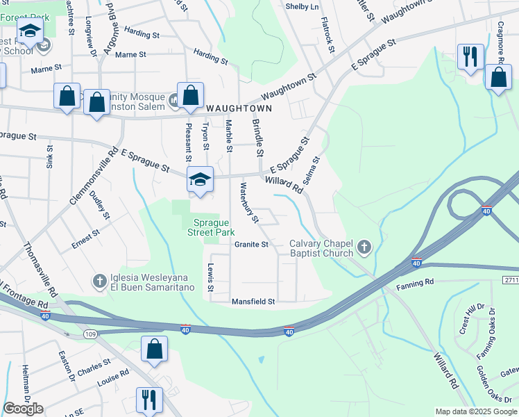 map of restaurants, bars, coffee shops, grocery stores, and more near Glascoe Street in Winston-Salem