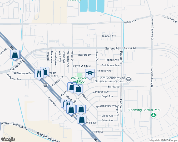 map of restaurants, bars, coffee shops, grocery stores, and more near 465 East Merlayne Drive in Henderson