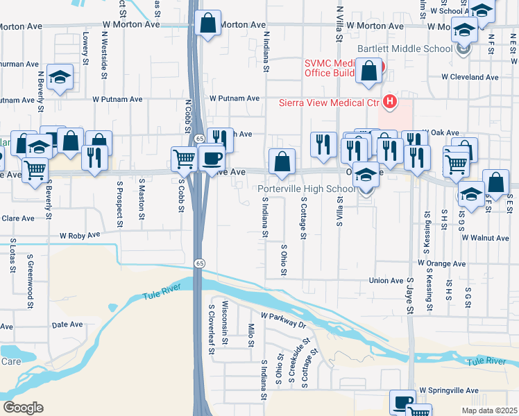 map of restaurants, bars, coffee shops, grocery stores, and more near 85 South Indiana Street in Porterville