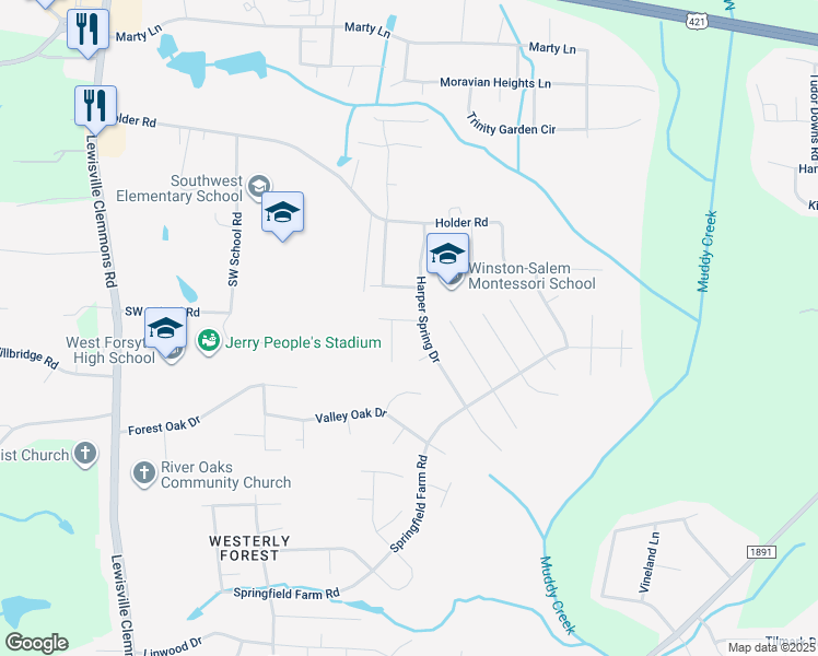 map of restaurants, bars, coffee shops, grocery stores, and more near 6210 Spring Park Road in Clemmons