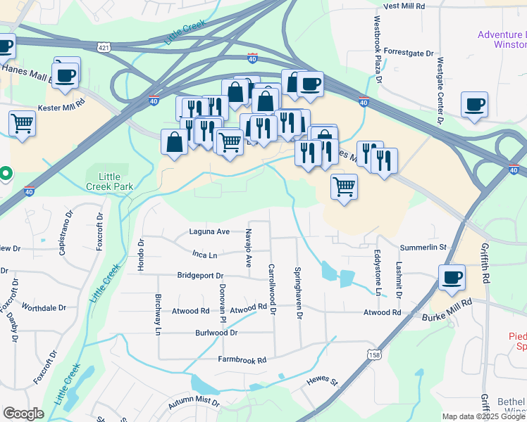 map of restaurants, bars, coffee shops, grocery stores, and more near 2830 Carrollwood Drive in Winston-Salem
