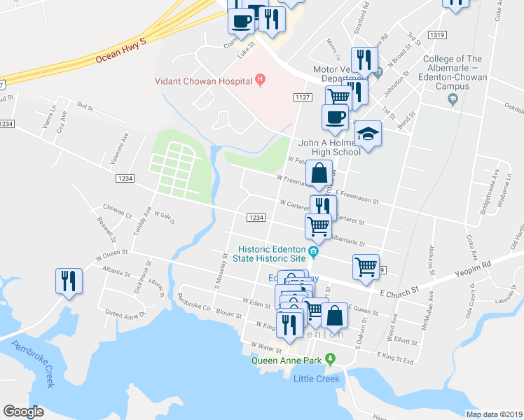 map of restaurants, bars, coffee shops, grocery stores, and more near 307 North Granville Street in Edenton