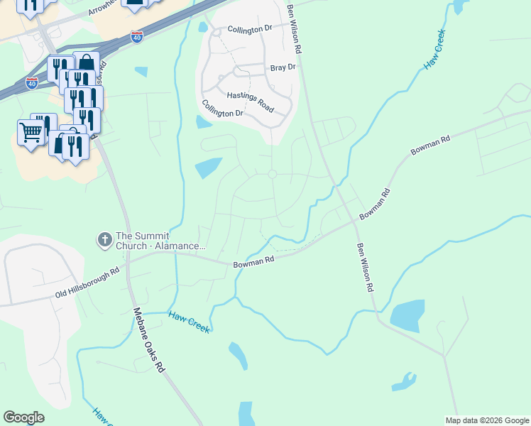 map of restaurants, bars, coffee shops, grocery stores, and more near 100 Campaign Drive in Mebane