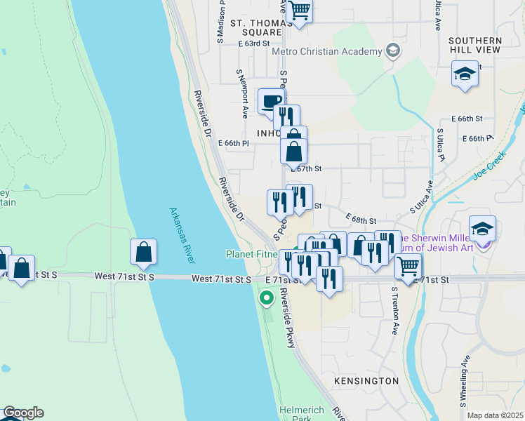 map of restaurants, bars, coffee shops, grocery stores, and more near 6720 South Peoria Avenue in Tulsa