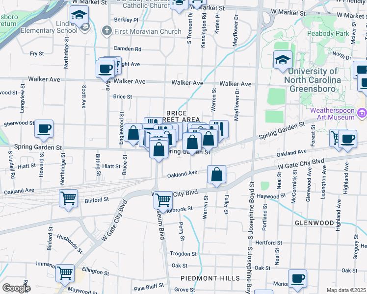 map of restaurants, bars, coffee shops, grocery stores, and more near 817 Granite Street in Greensboro