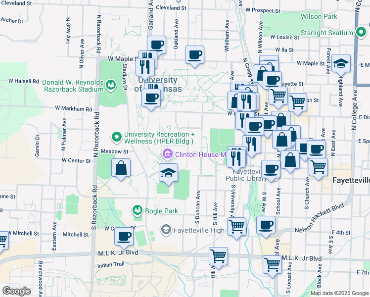 map of restaurants, bars, coffee shops, grocery stores, and more near in Fayetteville