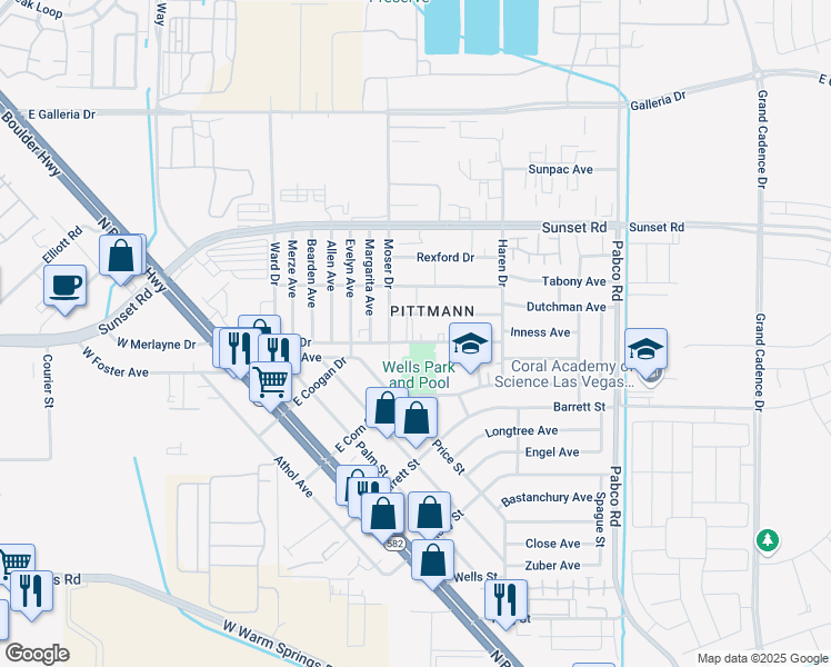 map of restaurants, bars, coffee shops, grocery stores, and more near 417 East Merlayne Drive in Henderson
