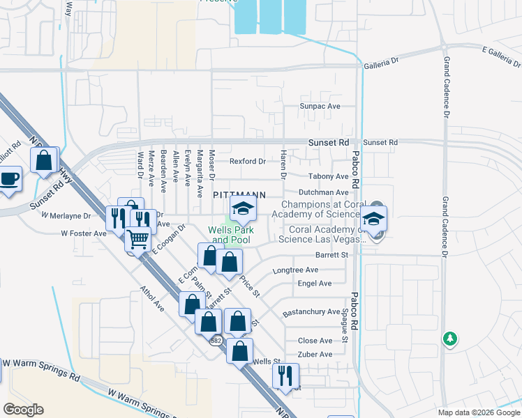 map of restaurants, bars, coffee shops, grocery stores, and more near 465 East Merlayne Drive in Henderson