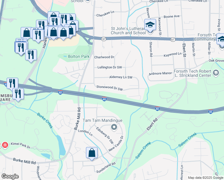 map of restaurants, bars, coffee shops, grocery stores, and more near 1873 Stonewood Drive Southwest in Winston-Salem
