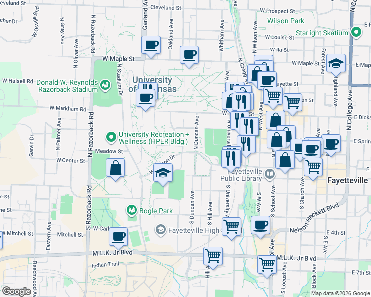map of restaurants, bars, coffee shops, grocery stores, and more near 50 Harmon Avenue in Fayetteville