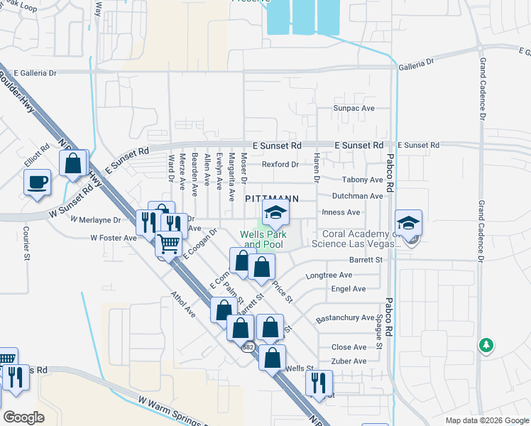 map of restaurants, bars, coffee shops, grocery stores, and more near 417 East Merlayne Drive in Henderson