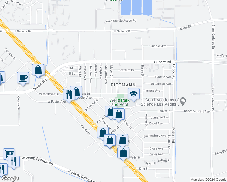 map of restaurants, bars, coffee shops, grocery stores, and more near 417 East Merlayne Drive in Henderson