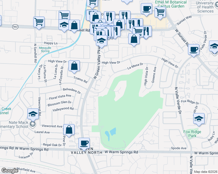 map of restaurants, bars, coffee shops, grocery stores, and more near 3010 La Mesa Drive in Henderson
