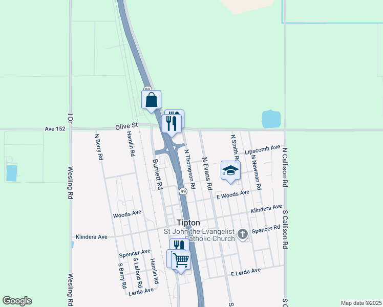 map of restaurants, bars, coffee shops, grocery stores, and more near 357 North Evans Road in Tipton