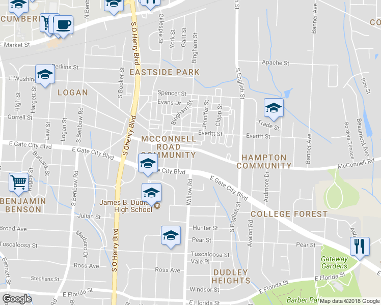 map of restaurants, bars, coffee shops, grocery stores, and more near in Greensboro