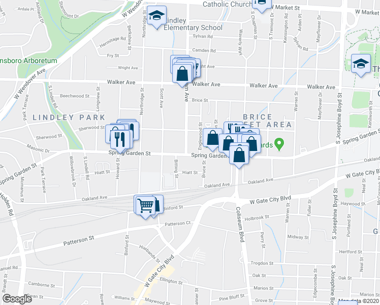 map of restaurants, bars, coffee shops, grocery stores, and more near in Greensboro