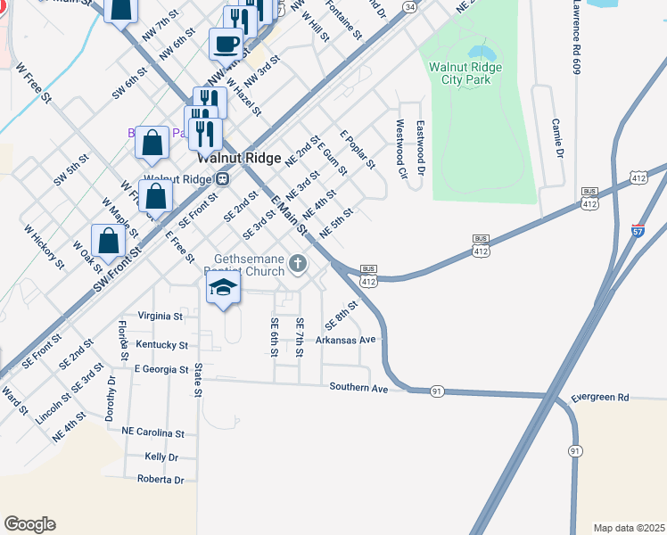 map of restaurants, bars, coffee shops, grocery stores, and more near 1007-1009 East Main Street in Walnut Ridge