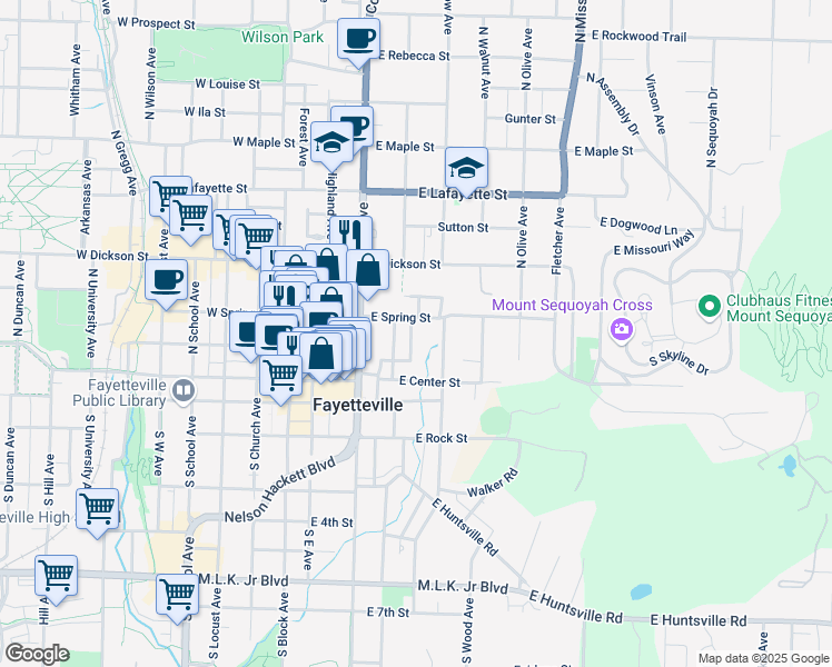 map of restaurants, bars, coffee shops, grocery stores, and more near 207 East Spring Street in Fayetteville