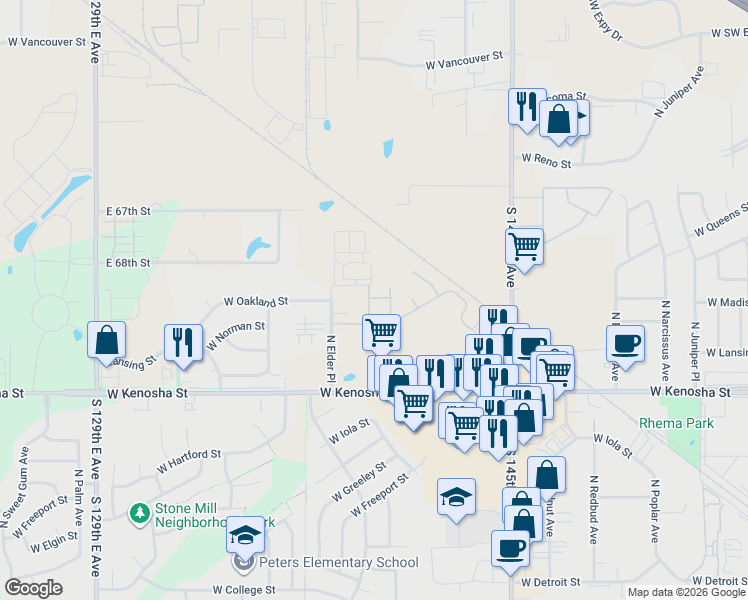 map of restaurants, bars, coffee shops, grocery stores, and more near 2602 West Oakland Place in Broken Arrow