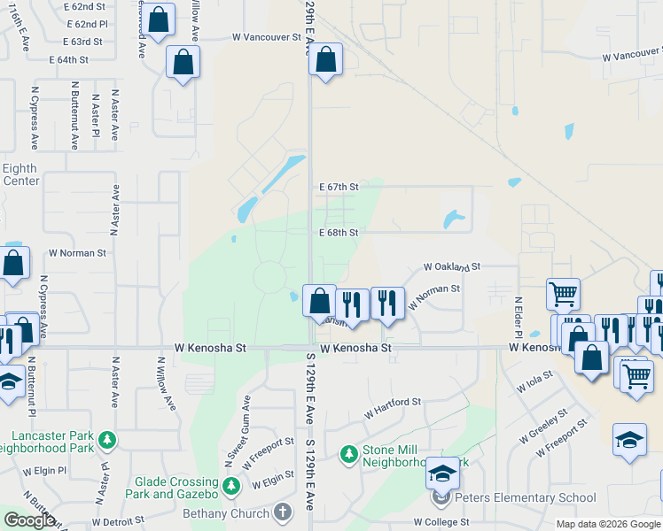 map of restaurants, bars, coffee shops, grocery stores, and more near 3408 West Oakland Street in Broken Arrow