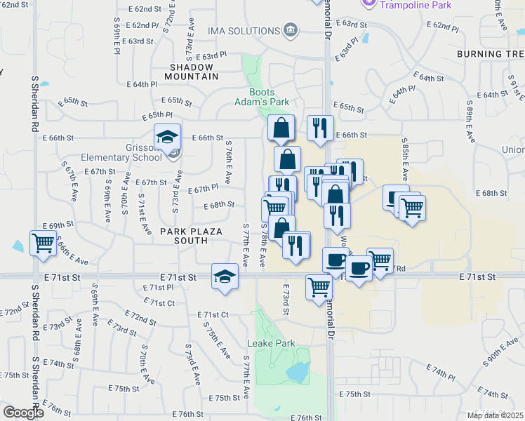 map of restaurants, bars, coffee shops, grocery stores, and more near 6762 South 78th East Avenue in Tulsa