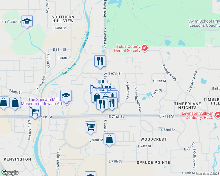 map of restaurants, bars, coffee shops, grocery stores, and more near 6755 South Lewis Avenue in Tulsa