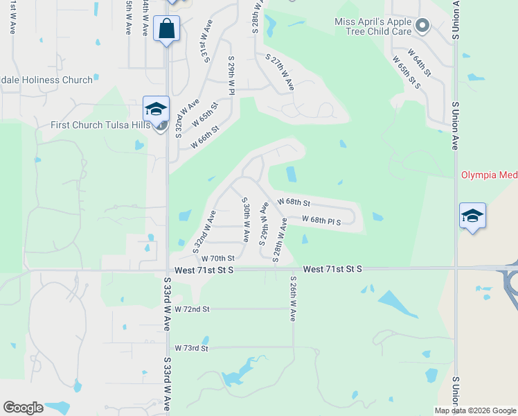 map of restaurants, bars, coffee shops, grocery stores, and more near 6804 South 29th West Avenue in Tulsa