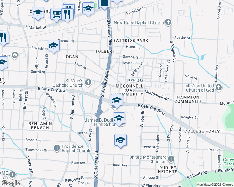 map of restaurants, bars, coffee shops, grocery stores, and more near 1532 Gorrell Street in Greensboro