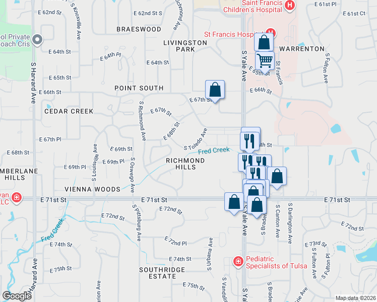 map of restaurants, bars, coffee shops, grocery stores, and more near 6841 South Toledo Avenue in Tulsa