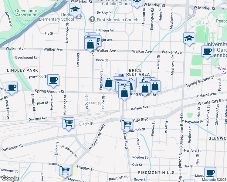 map of restaurants, bars, coffee shops, grocery stores, and more near 815 Milton Street in Greensboro