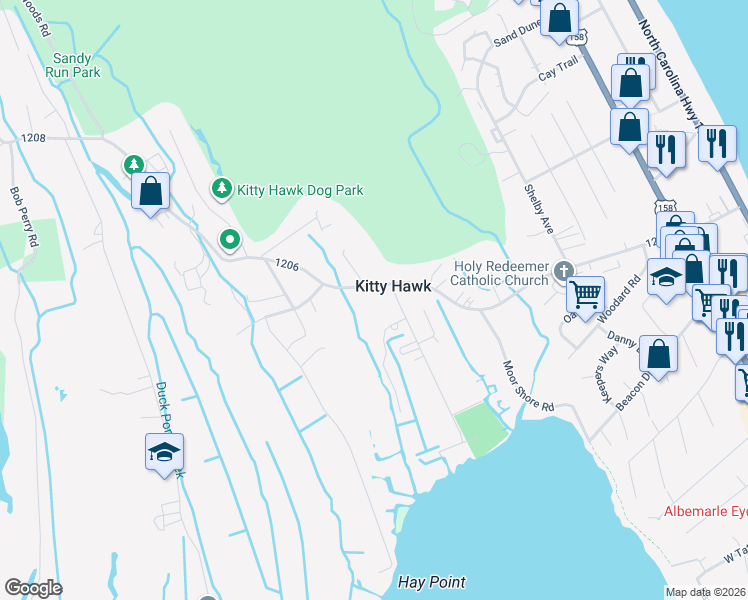 map of restaurants, bars, coffee shops, grocery stores, and more near 803 West Kitty Hawk Road in Kitty Hawk
