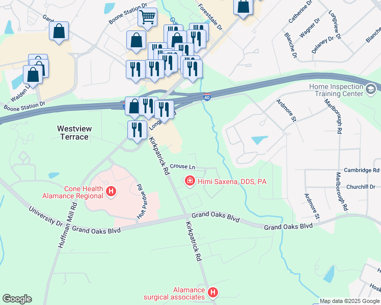 map of restaurants, bars, coffee shops, grocery stores, and more near 2949 Crouse Lane in Burlington