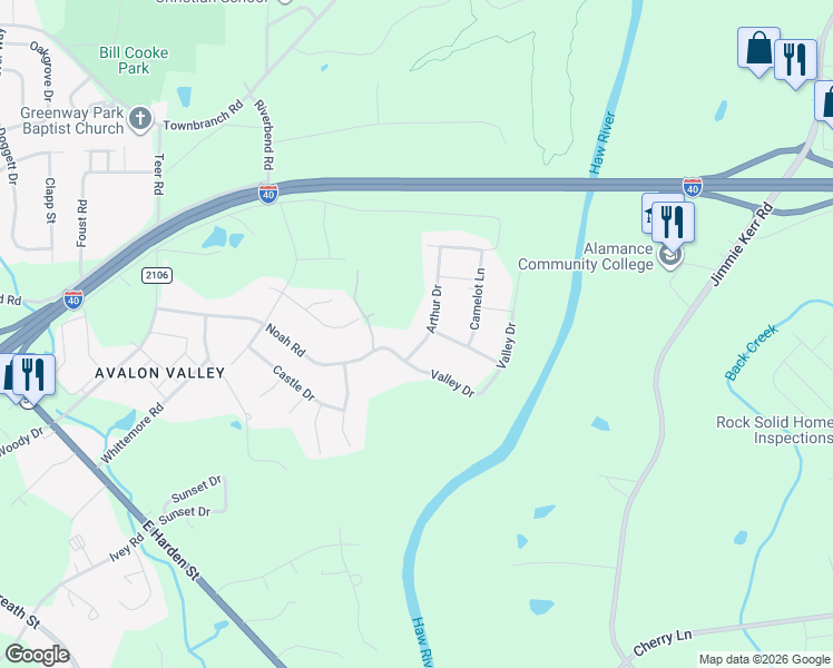map of restaurants, bars, coffee shops, grocery stores, and more near 1109 Arthur Drive in Graham